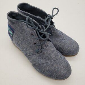 TOMS Blue Chambray Desert Wedge Boho Bootie Lace Up Shoes Youth Big Kid Size 4